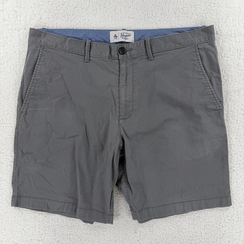 Original Penguin Shorts Mens 36 Gray Chino Stretch Flat Front 7 Inseam Casual